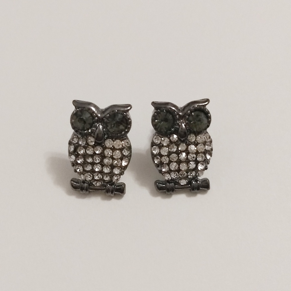 Silver Owl Rhinestone Stud Earrings